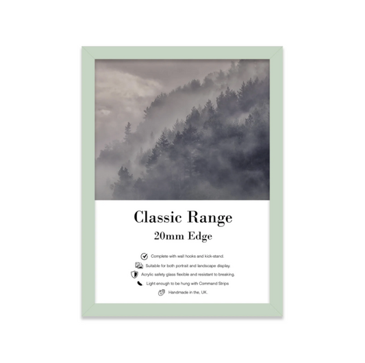 Framed artwork with a green border on a white background