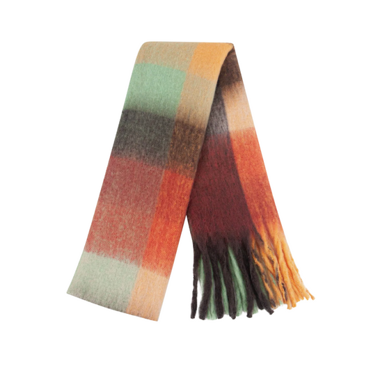 A multicolor plaid scarf with fringe ends, featuring stripes of orange, brown, green, black, and beige on a solid white background.