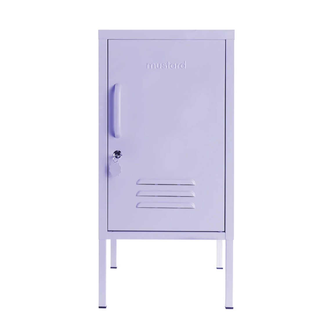 Purple locker with mustard text on a white background