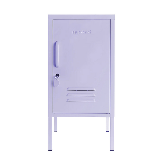 Purple locker with mustard text on a white background