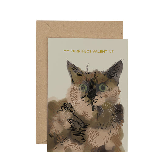Greeting card with a cat illustration and 'My purr-fect Valentine' text on a white background