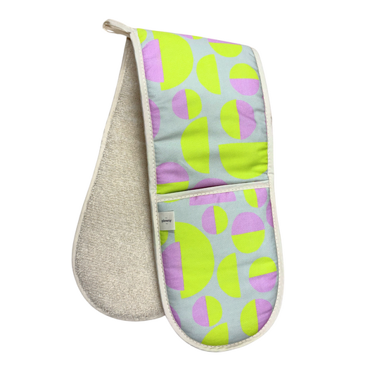 Pair of oven mitts with colorful pattern on a white background