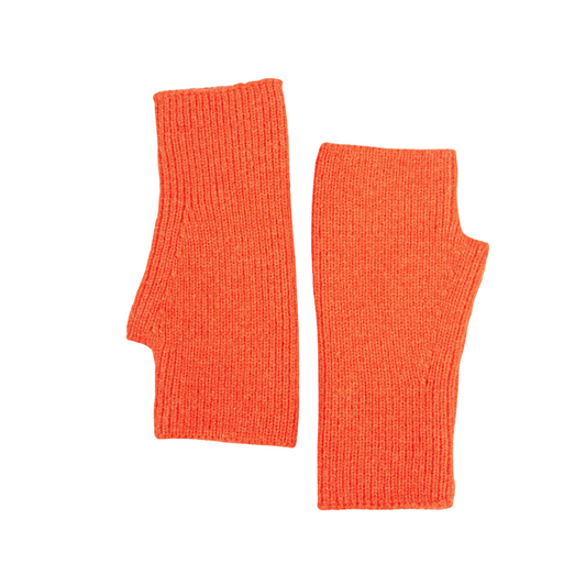 A pair of bright orange ribbed knit wrist warmers shown flat against a solid white background.