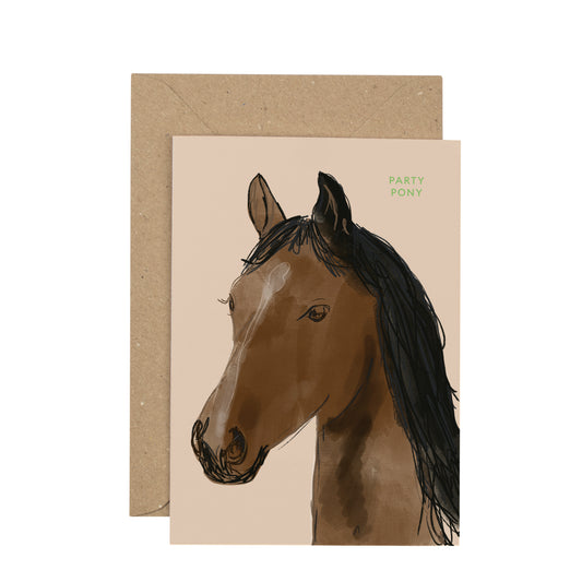 Card with a horse illustration and brown envelope on a white background