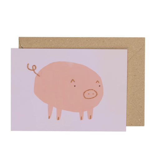 Card with a pink pig illustration on a white background