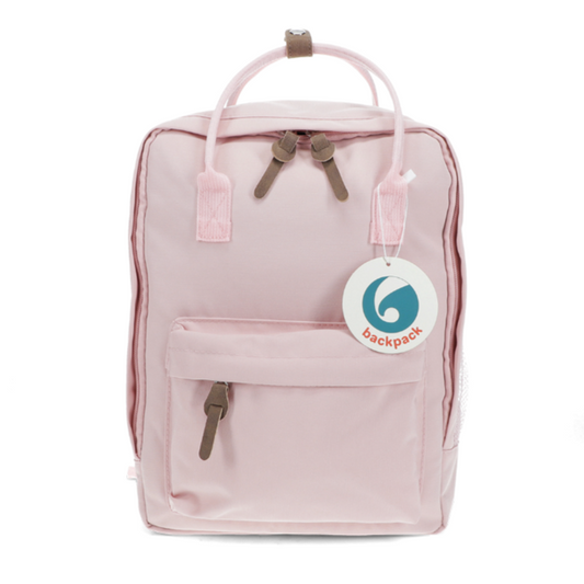 Pink backpack with a visible brand tag on a white background