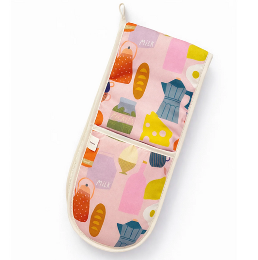 Oven mitt and pot holder with colorful food pattern on a white background