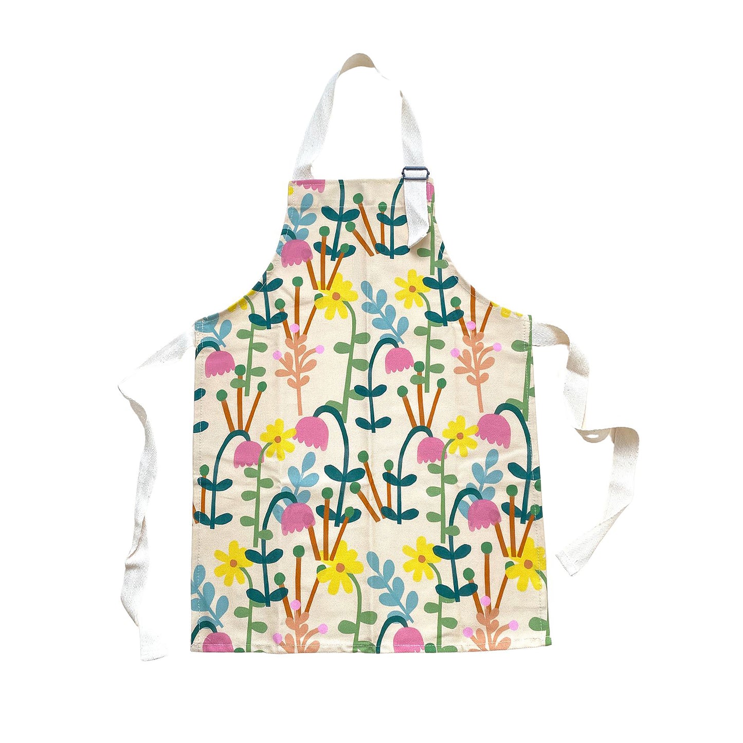 Children's apron with a floral pattern in multiple colors