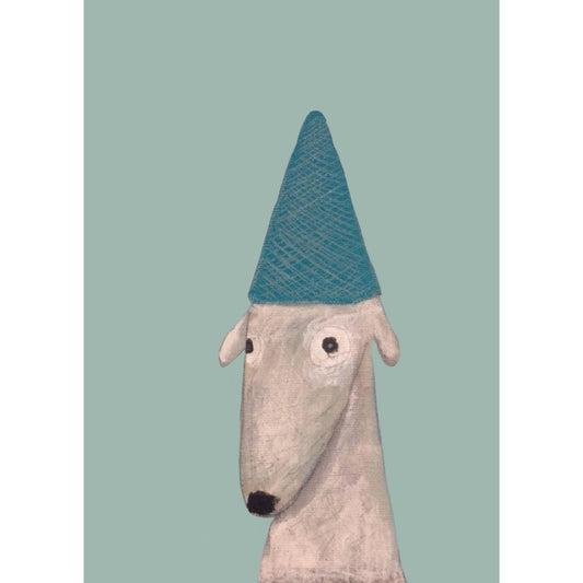 art print grey dog with party hat on and a blue background
