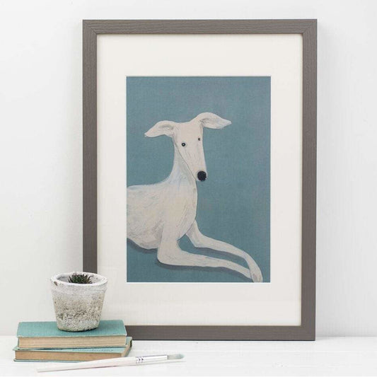 white dog on a blue background