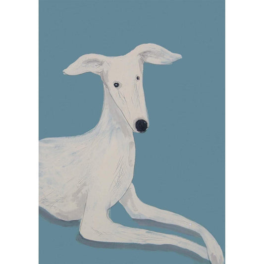 White dog print on a blue background