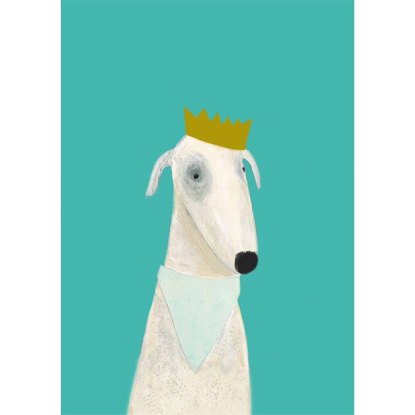 Illustration of a dog wearing a crown on a turquoise background
