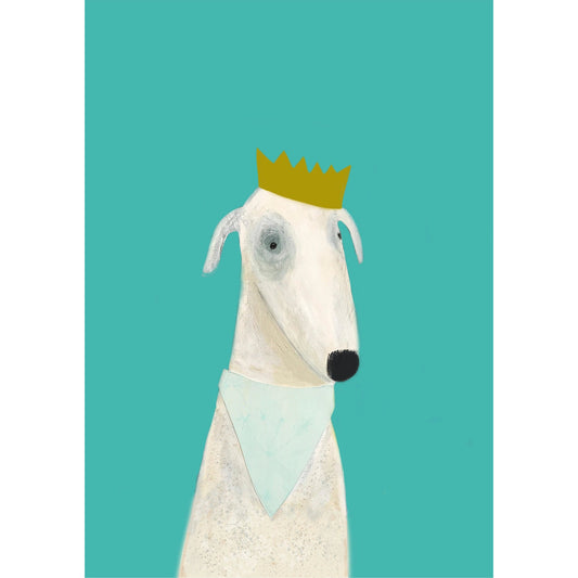 Illustration of a dog wearing a crown on a turquoise background