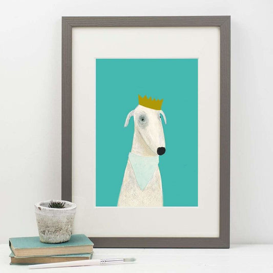 artwork of a dog with a crown on a turquoise background