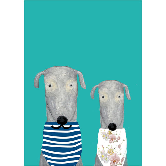 2 dog characters A3 print with a vibrant turquoise background.