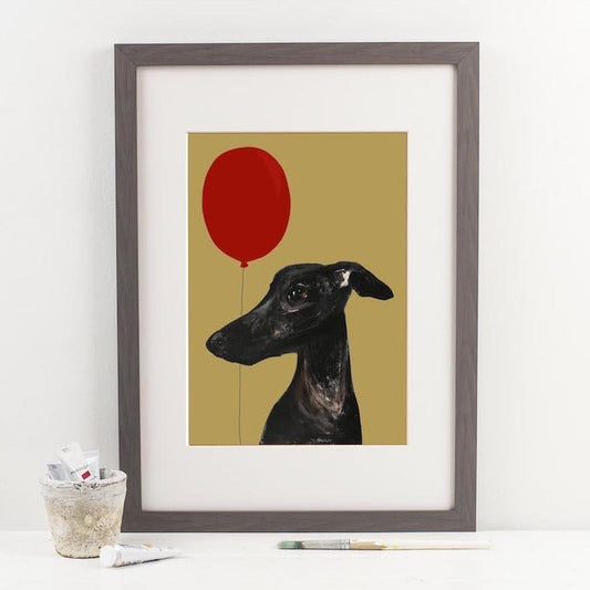 artwork of a dog with a red balloon on a beige background
