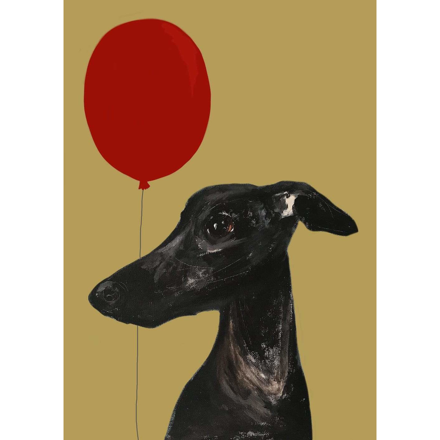 Black dog with a red balloon on a beige background