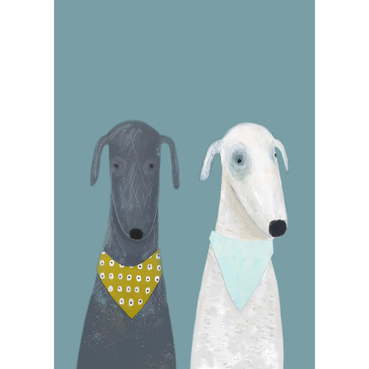 Two dogs with bandanas on a blue background