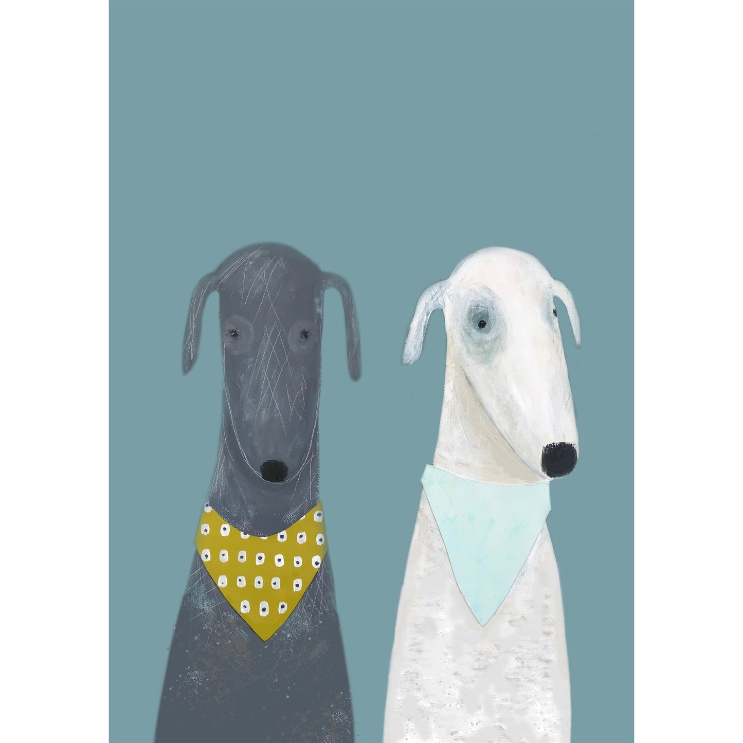 Two dogs with bandanas on a blue background