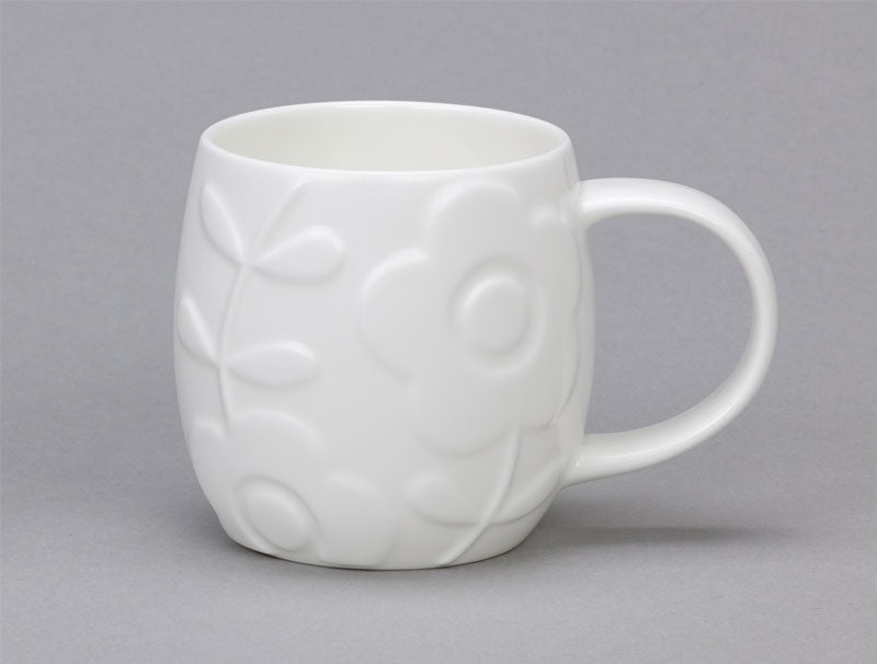White bone china mug with embossed plum flower design