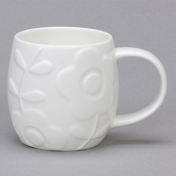 White bone china mug with embossed plum flower design