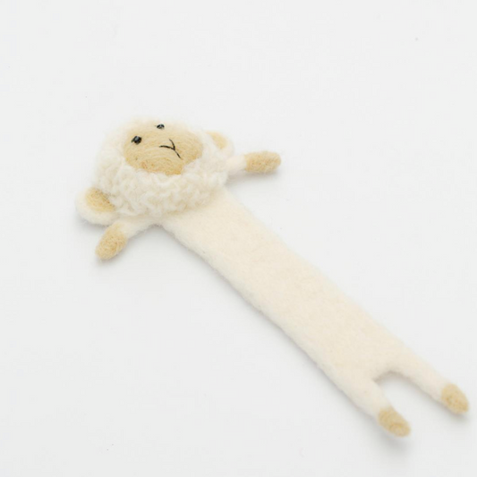 Plush toy lamb bookmark on a white background