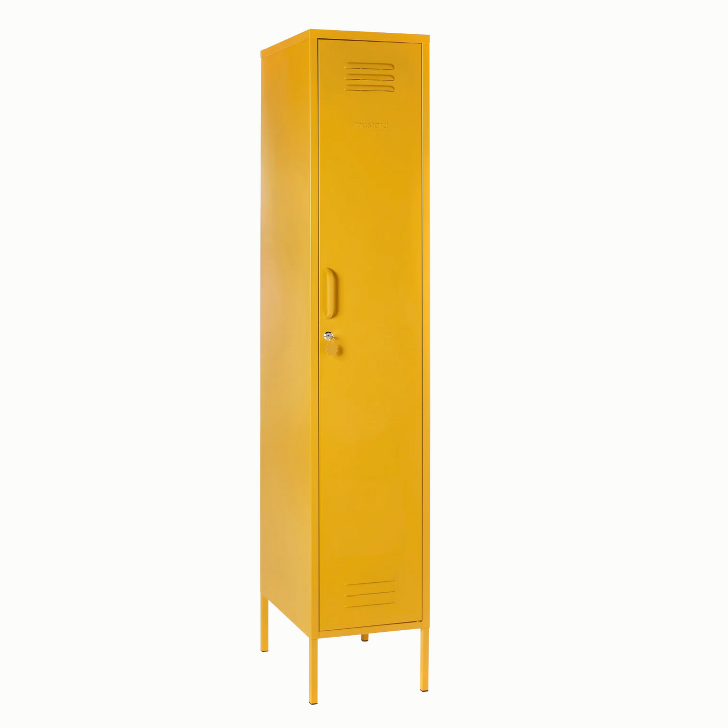 Tall mustard coloured locker white background