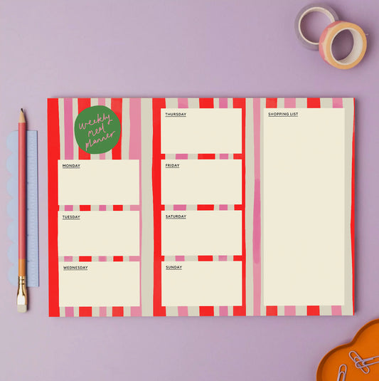 An A4 weekly meal planner with a striped design, displaying pages for each day of the week, Made from bleed proof, eco-friendly, recycled paper with 100gsm pages in Britain