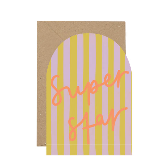 Card with 'Super Star' text on a striped background with a brown envelope.