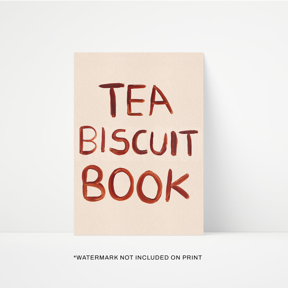 print with 'Tea Biscuit Book' text
