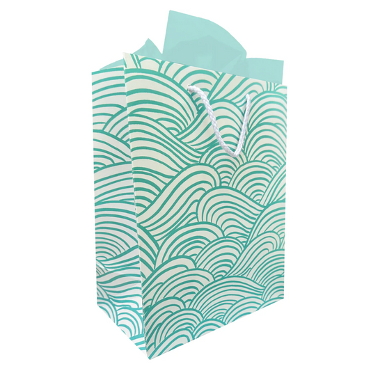 Teal patterned gift bag on a white background