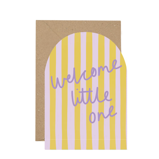 Striped card with 'welcome little one' text on a white background