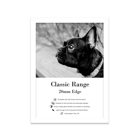 Framed black and white photo of a dog with text about the 'Classic Range' on a white background.