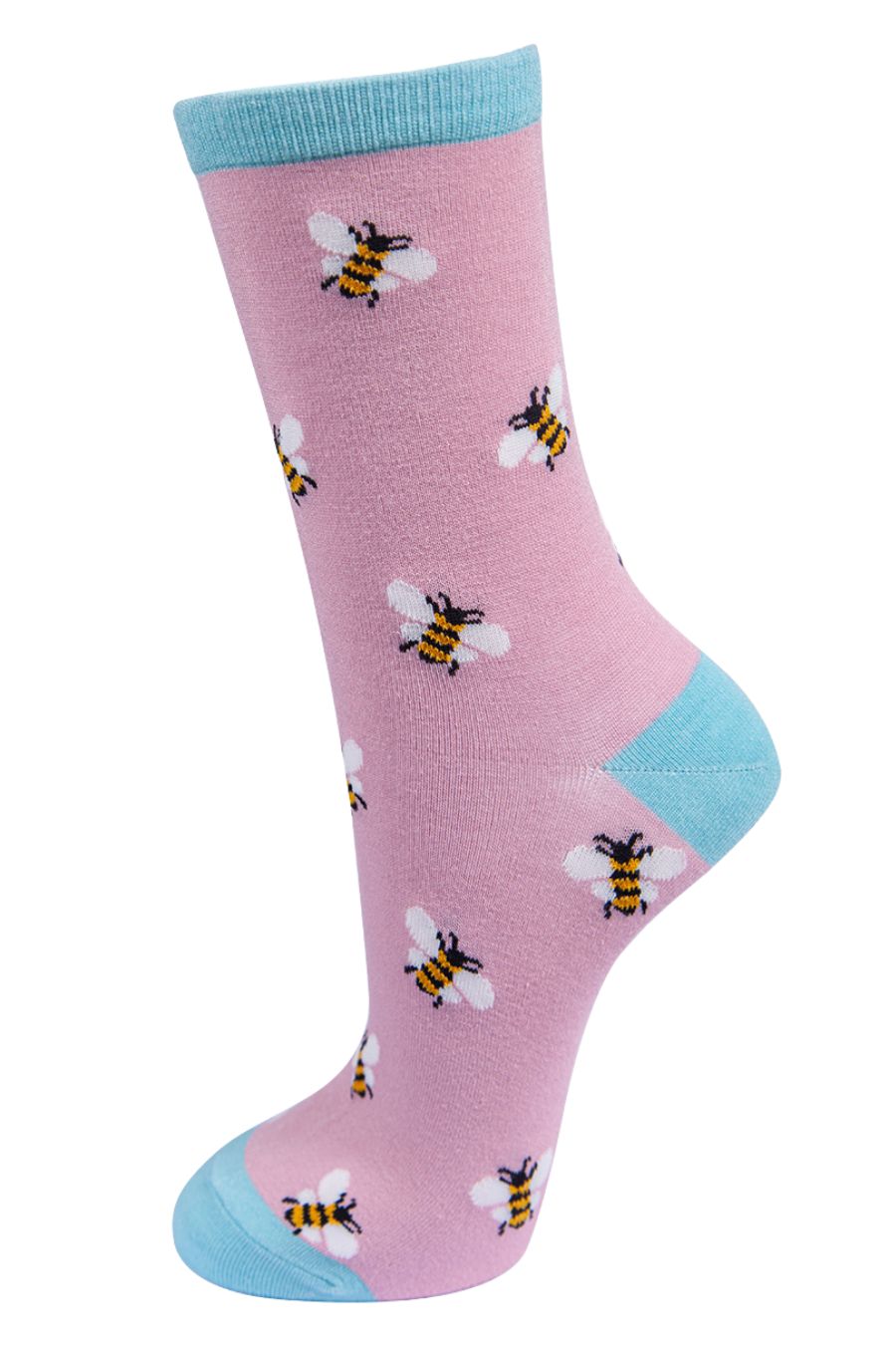 Pink sock with bee pattern and light blue accents on a white background