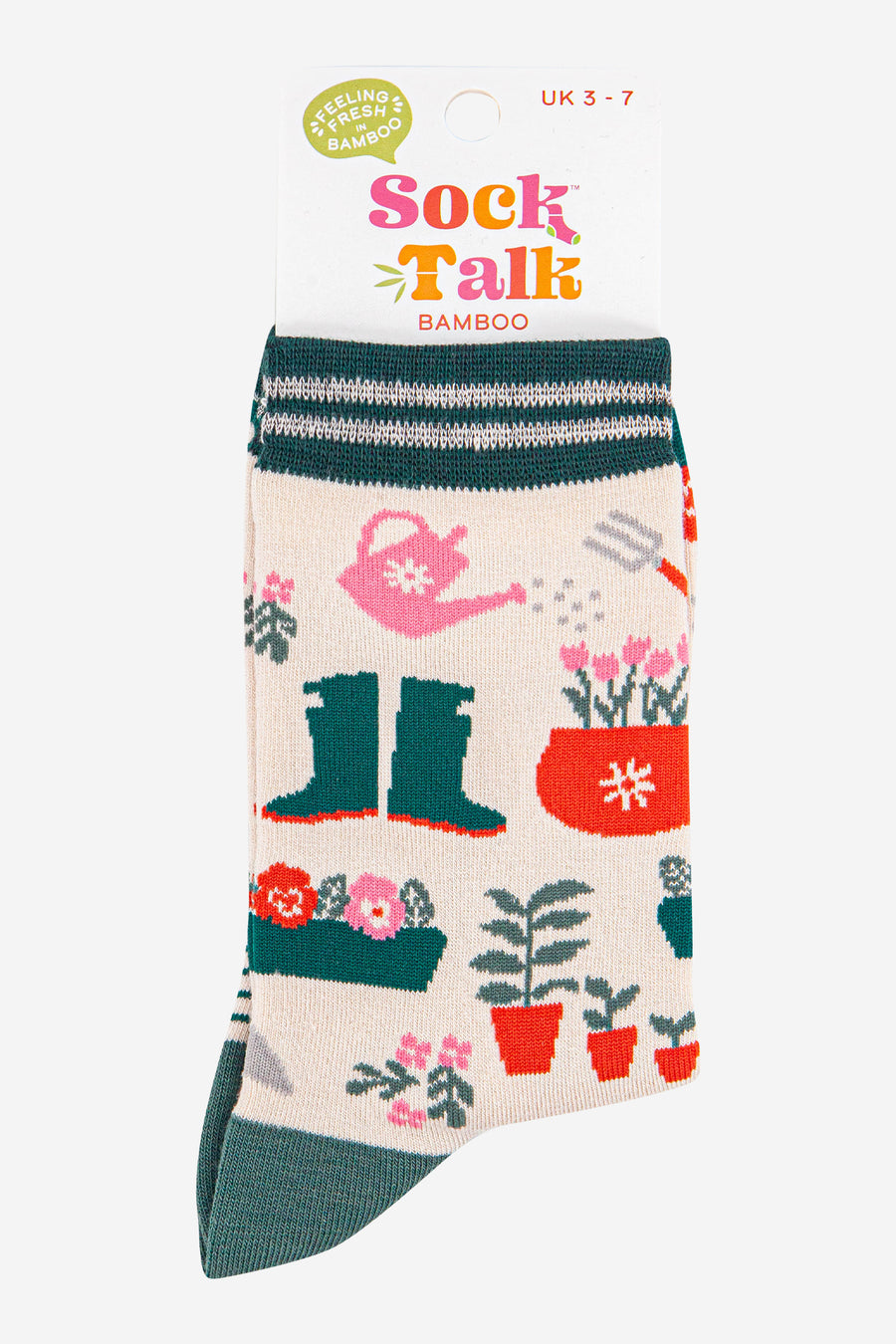 Gardening-themed sock with boots, flowers,