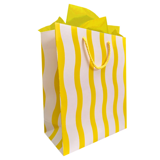 Yellow and white striped bag on a white background