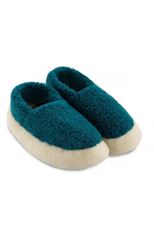 Pair of azure slippers with white soles on a white background