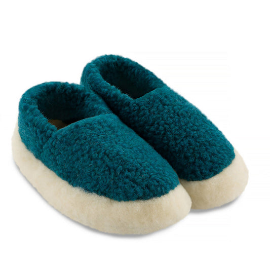 Pair of azure slippers with white soles on a white background