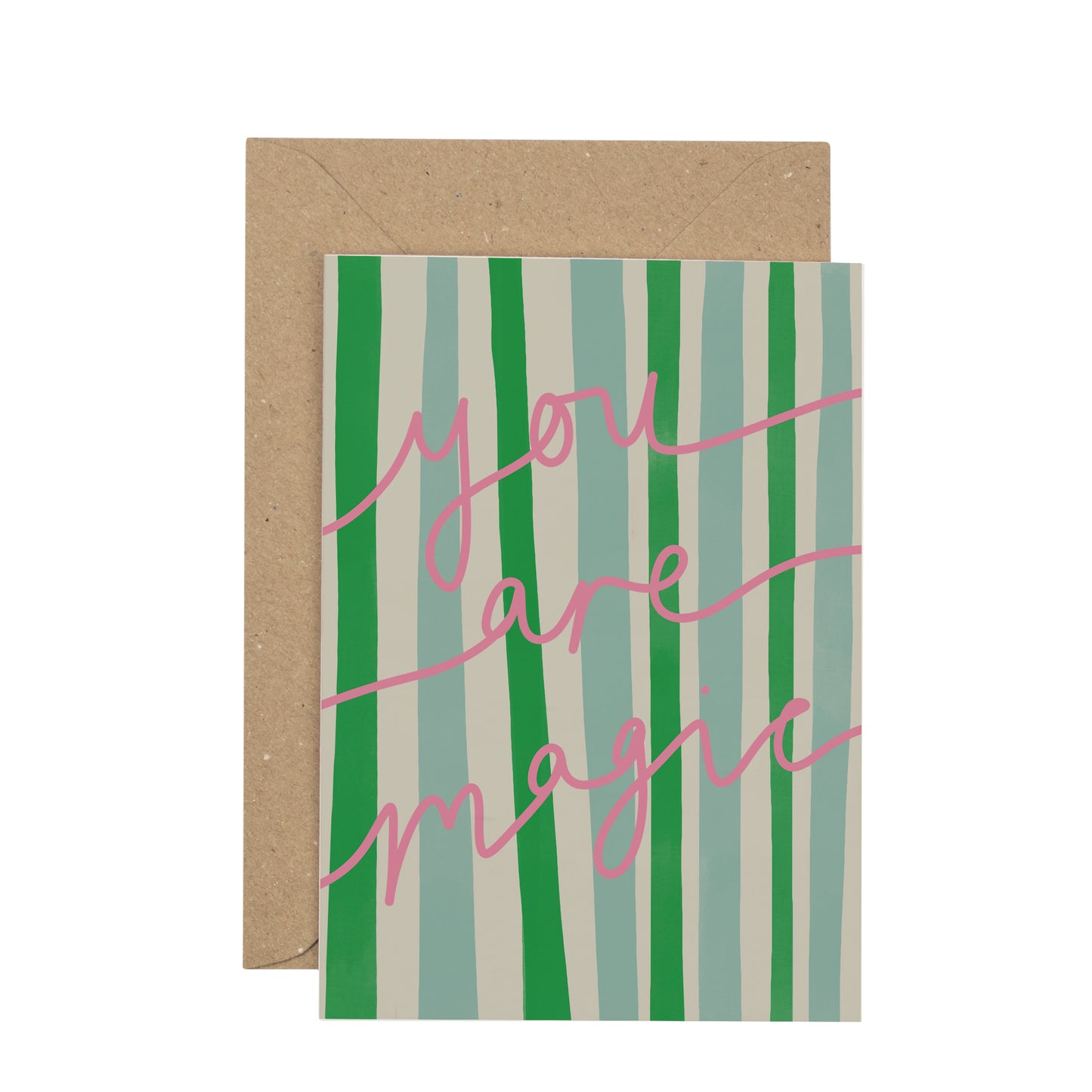 Card with 'You are magic' text on a striped background with a brown envelope.