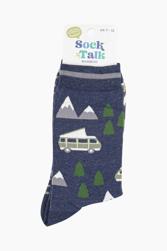 Men's Bamboo Socks - Navy, Campervan Mountains