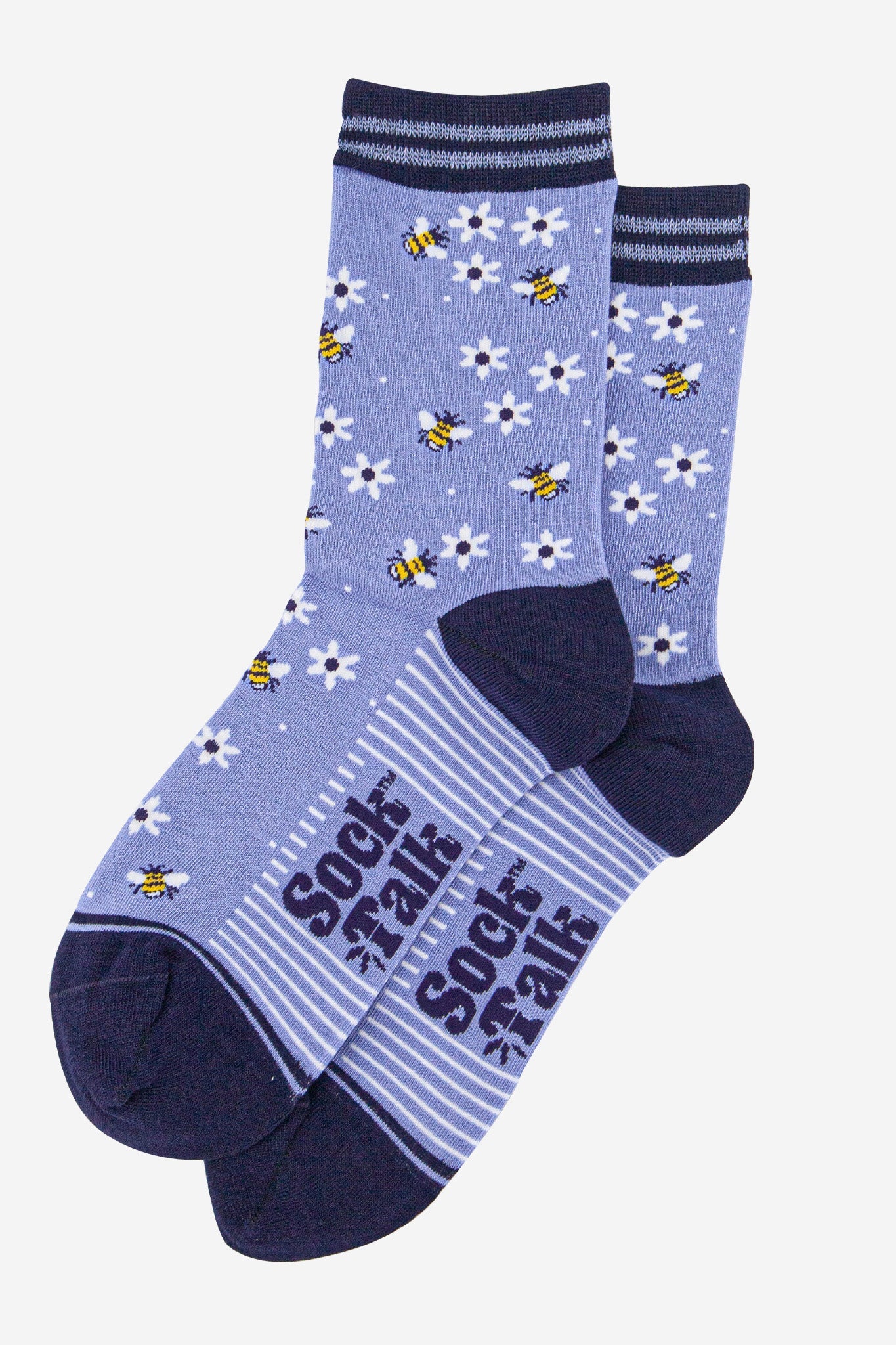 Women's Bamboo Socks - Sky Blue/Navy Blue, Bee and Flowers
