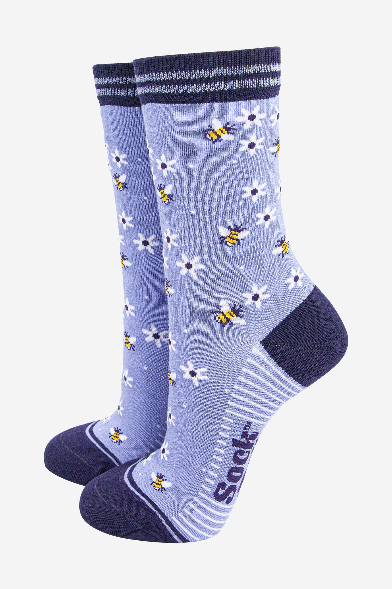 Women's Bamboo Socks - Sky Blue/Navy Blue, Bee and Flowers