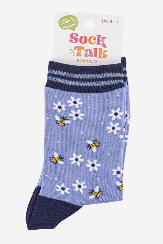 Women's Bamboo Socks - Sky Blue/Navy Blue, Bee and Flowers