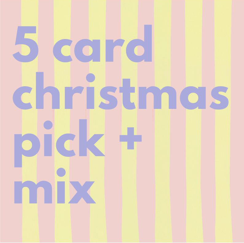 Pastel striped background with text '5 card christmas pick + mix' in purple.