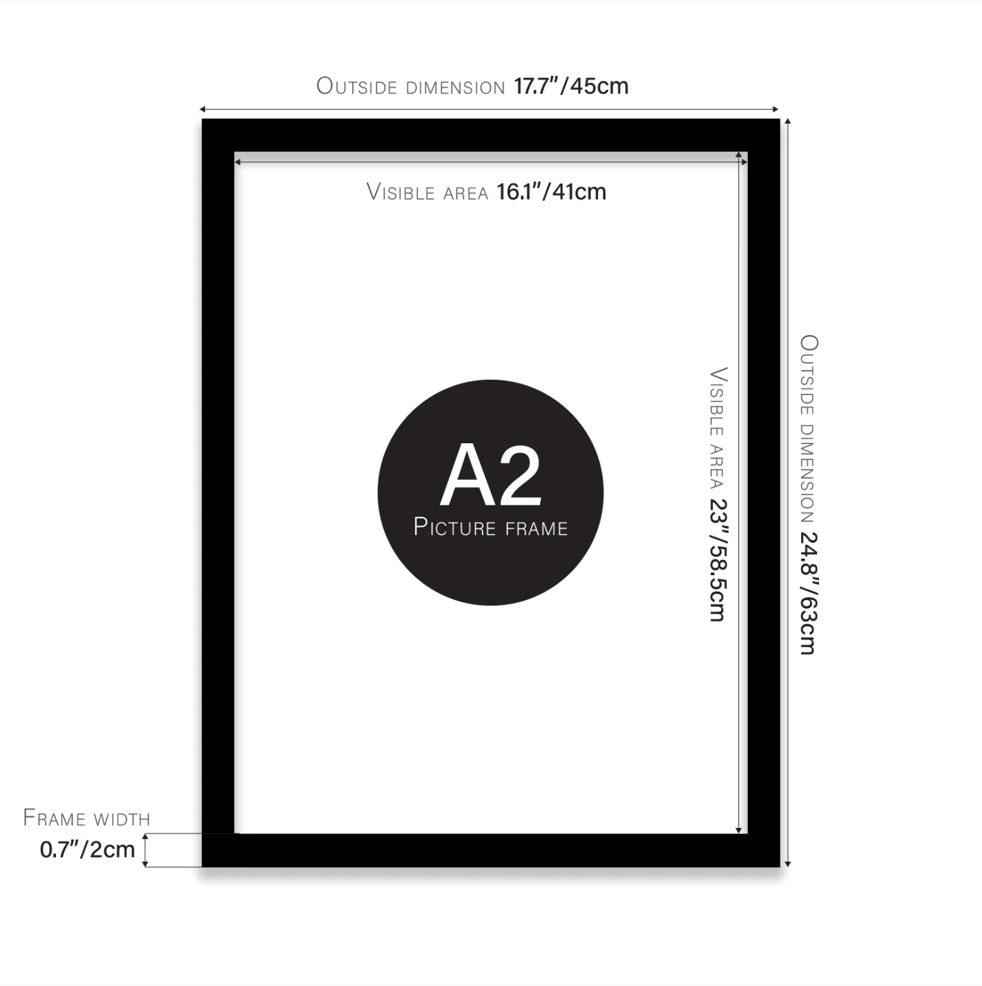 Black picture frame with dimensions labeled on a white background