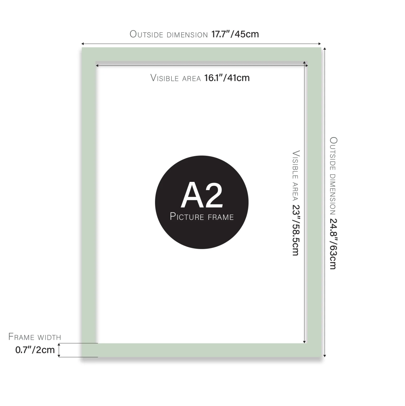 A2 picture frame with dimensions labeled on a white background