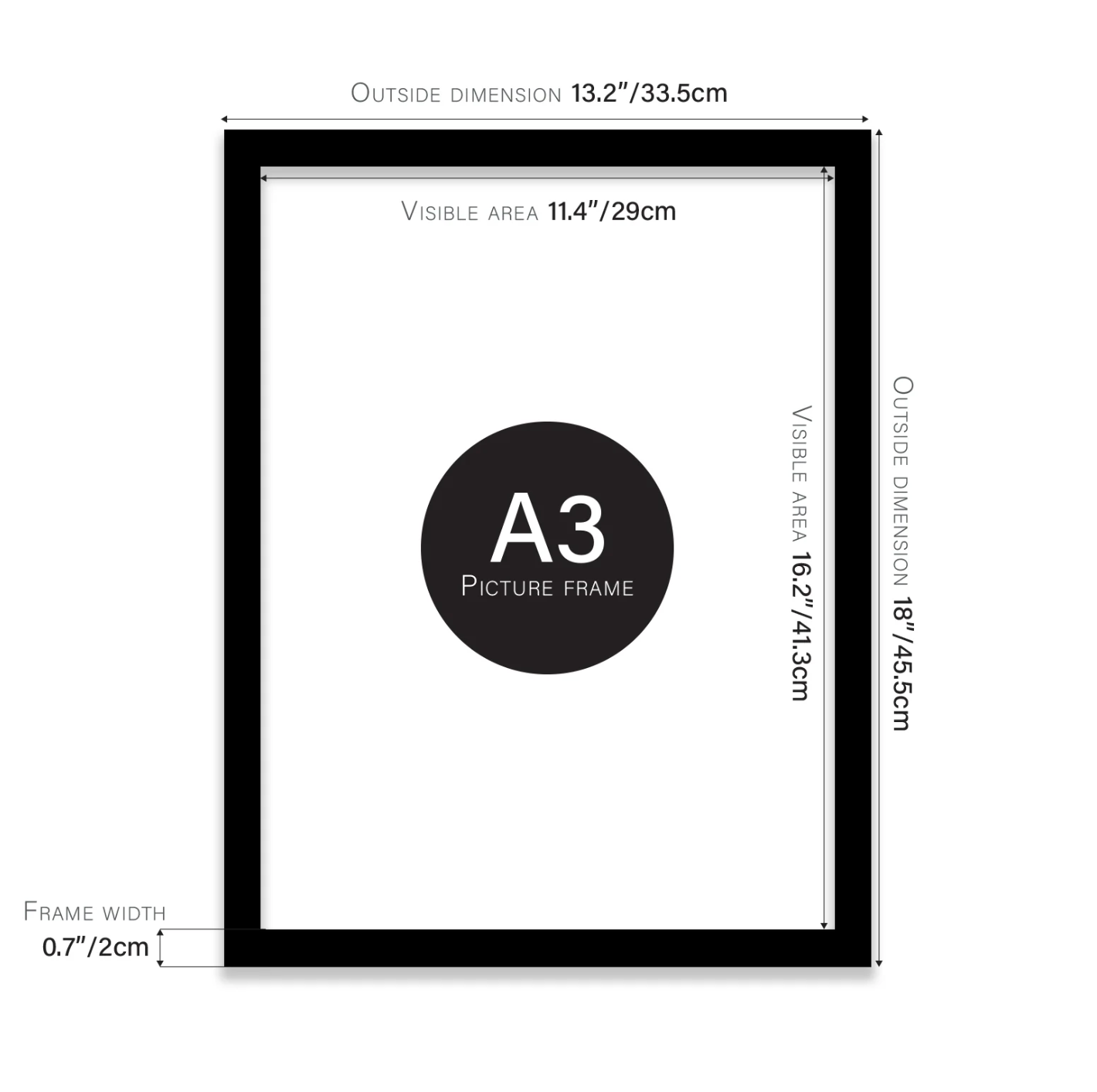 A3 picture frame with dimensions labeled on a white background