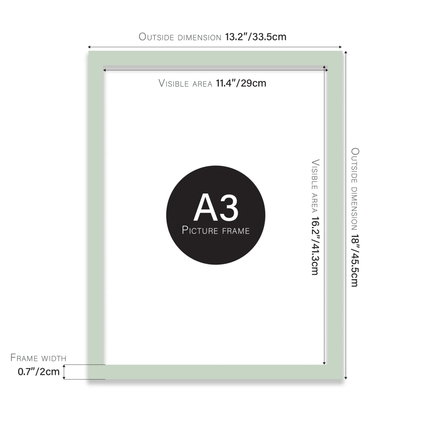 A3 picture frame with dimensions labeled on a white background