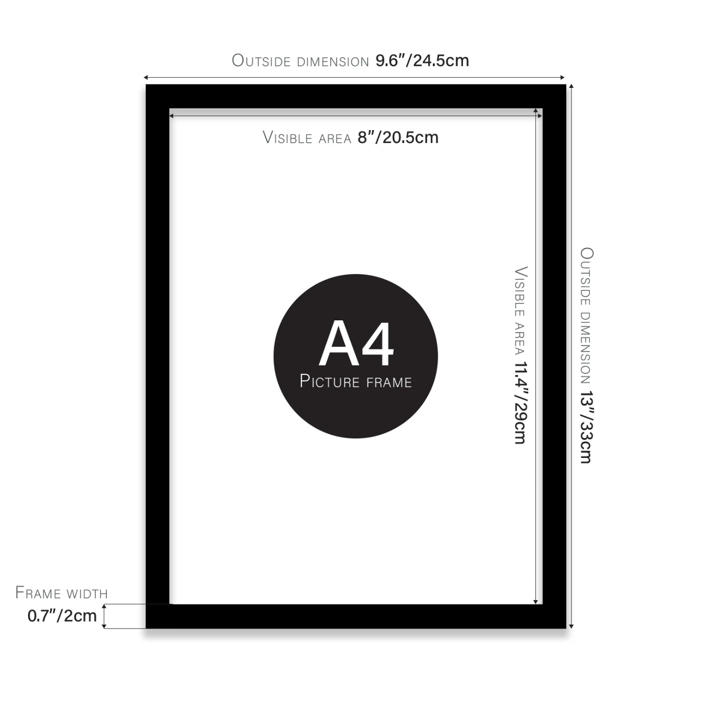 A4 picture frame with dimensions labeled on a white background