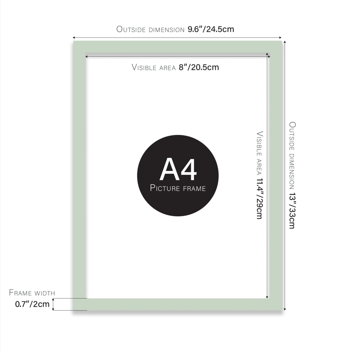 A4 picture frame with dimensions labeled on a white background